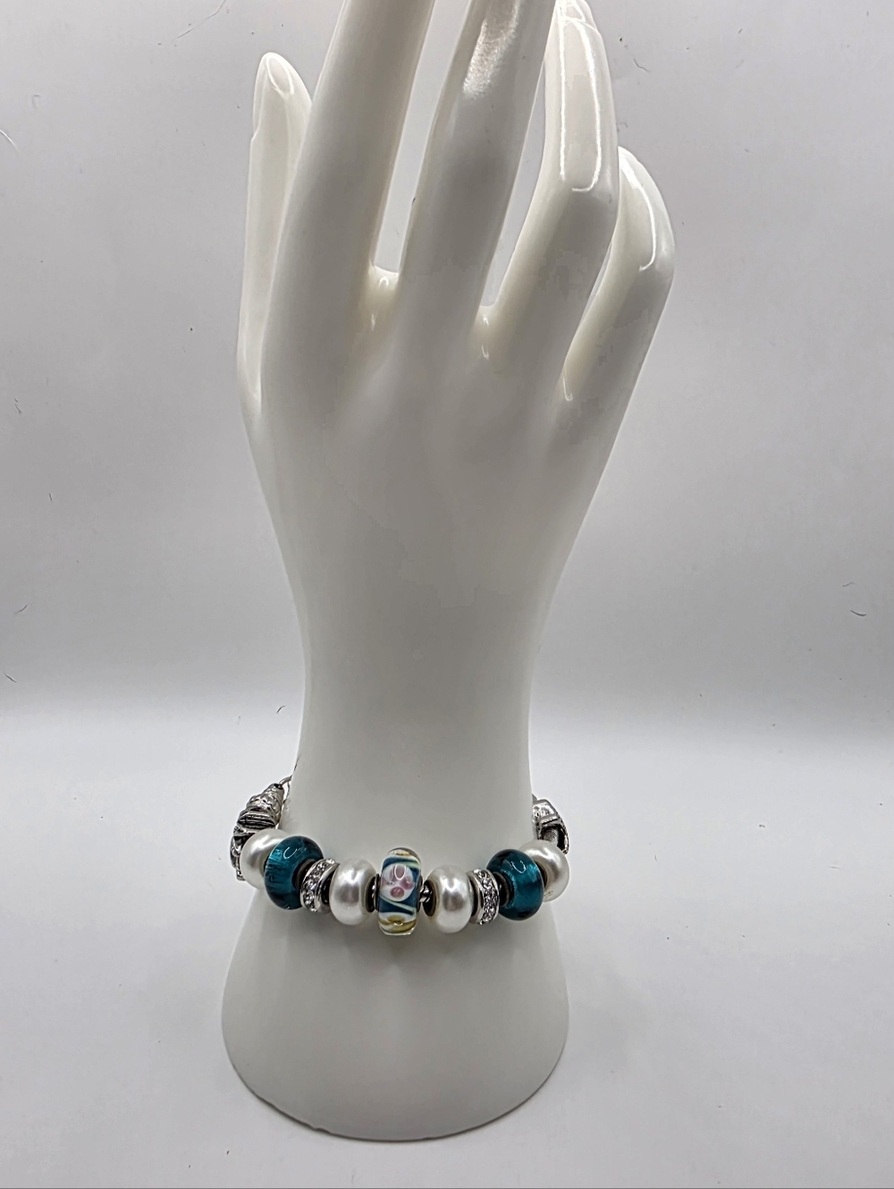 Charm Bracelet Teal Glass Beads Faux Pearl Silver Tone European Style